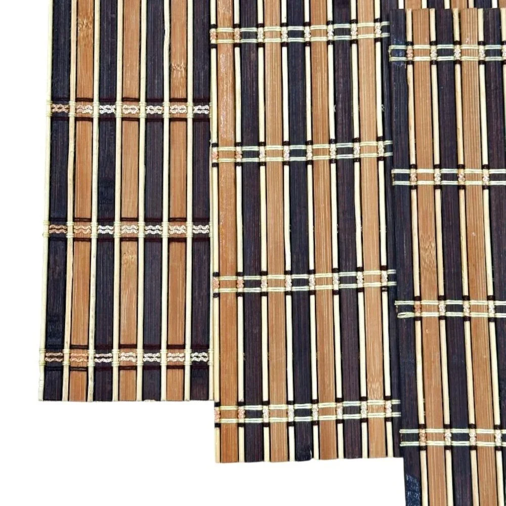 4 Wooden Bamboo Placemats Slats Yarn Brown Beige 18.5 x 12 Inch BOHO Neutral